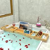 lifewit Bathtub Caddyトレイ拡張可能竹シャワーバスタブオーガナイザー、ステンレススチールブック/タブレットホルダー、2つの取り外し可能なタオル/アクセサリートレイ、調整可能読書スタ