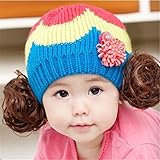 ニット帽 赤ちゃん 5カ月 ～ 3歳 子供ハット かつら ウィッグ 付き 新生児 お洒落 伸縮性がある ヘアバンド ヘアアクセサリー 防寒防風対策 出産祝い プレゼント (Blue)
