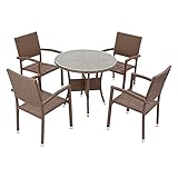 人工ラタンチェア4脚 丸テーブル1台 5点セット 強化ガラス ウォールナット 籐 肘掛け付き 家具 ファニチャー インテリア スタッキングチェア リビング chair 椅子 南国 アジアン バリ風 リ