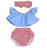 赤ちゃんの女の子の服は、ショルダーブラウストップショーツのヘッドバンド3pcsオフに設定0から24M (6-12 M, 青)