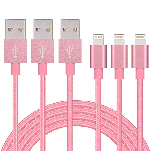 Noueiru【1M 3本セット】ライトニング ケーブル 高耐久ナイロン Lightning ケーブルの同期とUSB充電ケーブル iPhone 7/7 Plus /6s/6s Plus/6 Plus/6/iPhone5/5C/5S/SE/iPad/Air/Mini/Mini2/iPad 4/iPod 5/iPod 7に対応 Nano/Touch, ios10互換 - ローズゴールド