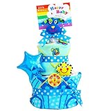 おむつケーキ Sassy ( サッシー) ポップスター 3段 おむつケーキ タオル付 おもちゃ付 男の子 女の子 【おむつ種類：パンパース】 (おむつサイズ：M, イヌさんブルー)