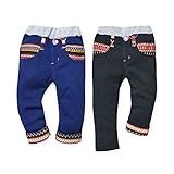 ベビー服 女の子 ロング パンツ ボトム 裏起毛 ビジュー ノルディック柄 裾ロールアップ ハート 女児 ベビー (1.ネイビー/95cm)