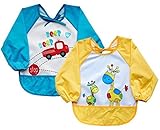 Leyaron Unisex Infant Toddler Baby Waterproof Sleeved Bib, Blue Car and Yellow Giraffe, Set of 2, 6 