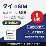 タイ eSIM 8日間 5GB 高速データ通信 低速無制限 現地通話20分（発着信含む） 4G/5G対応 当日発行可 メール登録で納品 mewfi