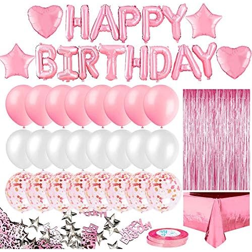 Uandhome Pink Balloons Party Decoration, Happy Birthday Banner, Pink Fringe Curtain, Foil Tablecloth, Heart Star Foil Confett