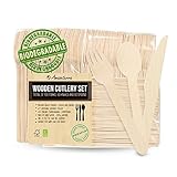 Disposable Wooden Cutlery Set by Amazeterra - 200 Pack Flatware - 100 Forks 50 Knives 50 Spoons - 6.
