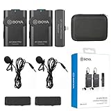 【技適マーク認証】BOYA BY-WM4 PRO K4-2.4GHzワイヤレスピンマイクシステム ステレオ/モノラルモード切替 カメラマイク 内蔵マイク/外部マイク付属 50M伝送距離 2台送信機・１台受信機 用于iPhoneスマホ、iPhone12/ iPhone11/ iPhone 10、IOSノートパソコン、タブレットなどに対応(IOS, TX-TX-RX)