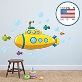 wallclipz Yellow Submarine with魚ファブリック壁デカール – Sea Diving Ocean Under Water Nautical Cartoonステッカー、男の子