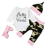 (プタス)Putars ベビー服 子供服 ロンパース 上下セット 女の子 男の子 長袖 迷彩柄 HELLO WORLD 帽子付き 可愛い 秋 冬 新生児 歩行服 出産お祝い 記念日 プレゼント 0-1