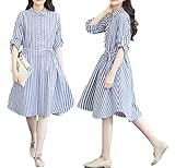 ミウォルナ マタニティ ワンピース シャツワンピース ウエスト調整 Aライン ストライプ ブルー ホワイト ゆったり XL