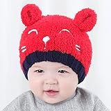 Honel ベビー キッズ 暖かい イヤーマフ 笑顔クマ 耳付き 帽子 スカーフ 2点セット 帽子 レッド