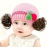 ニット帽 赤ちゃん 5カ月 ～ 3歳 子供ハット かつら ウィッグ 付き ポンポン 伸縮性がある ヘアバンド ヘアアクセサリー 防寒防風対策 出産祝い プレゼント (Pink)