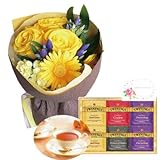 花とスイーツ ギフトセット かわいいイエロー バラ ミックス花束　と　トワイニング ティーバッグ 詰合せ 写真入り・名入れメッセージカード
