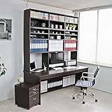 【新生活応援セール 限定3台】パソコンデスク 書斎机 耐震つっぱり式書棚＋上下大型書棚付１８０幅パソコンデスク４点セット　ダークブラウンJS76DBR(2-1)(2-2)