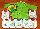 ご出産祝い 内祝い ベビークレープコレクション バスローブ/よだれかけ/布玩具 かえるのバスローブ/ウィークリービブセットかえるグローブ　3点組み