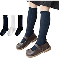 [Koala Mama] シンプル モノトーン ハイソックス 綿 ベビー キッズ ソックス 子供 靴下 可愛い 女の子 ガールズ お姫様 ジュニア 3足 セット 白 黒 ネイビー 入学式 卒業式 発表会 無地