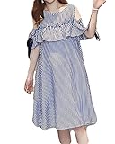 [ベイブスター] マタニティ ワンピース フリル ストライプ ノースリーブ 膝丈 オフィス 通勤 (ブルー, Lサイズ)