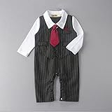 S'M(エスエム)　ベビーフォーマルロンパースカバーオール白いシャツベスト模様紳士風洋服　グレー紺　長袖70cm~95cm (80cm, 紺色)