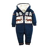 POTOJP ベビー服 あったか クリスマスエルク柄 ニット ロンパース 赤ちゃん カバーオール 新生児 長袖 ボーダー柄 秋冬着 男の子 女の子 もこもこ 出産祝い お出かけ (ダークブルー, 80