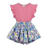 [Enfants Chéris] 子供服 女の子 半袖 tシャツ キュロットスカート 綿 夏服 ガールズ 上下セット 花柄 トップス ショートパンツ スカート Aライン 半ズボン 2点 可愛い お洒落 Ｄ.ピンクt 130