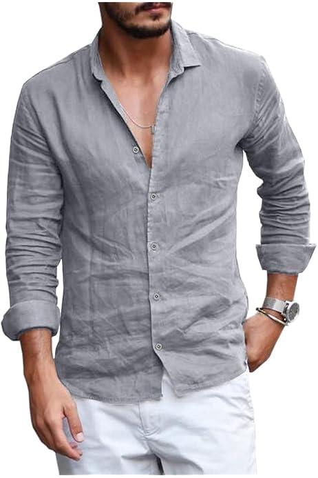 Mens Button Down Shirt Linen Cotton 
