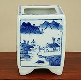 いよじ園 【盆栽鉢】 山水紋染付正方鉢【ミニクラス】 一辺：5.8cm　高：8cm