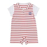 (チャックル) chuckle *ボンシュシュ*ボーダーショート丈半袖カバーオール レッド 60cm P2528-60-21