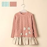 (韓国スタイル子供服) ニットワンピース　キッズ 切り替えフレアワンピ シャツ／Tシャツ／丸ネック ポケット裾フリル全2色100cm 110cm 120cm 130cm pink,110