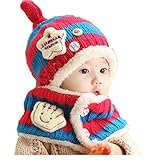 (ハナハナ) HANAHANA ニット帽 + マフラー ボタン付き レッグウォーマー ベビー キッズ 裏起毛 あったか 防寒 冬 ベビー 男女兼用 子ども i009 (濃ピンク＋濃水色)