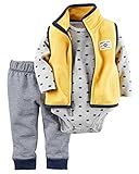 カーターズ ロンパース carter's 男の子用黄色FISHING CAMPお魚さんワッペンフリースベストx紺ボーダー長袖ボディスーツお出かけ用上下3点セット (12months(72-78cm))
