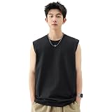 [Mmlnrc] タンクトップ メンズ [肩幅広め 8.11オンス 綿100％ 厚手 よれない 透けない] トップス ノースリーブ 無地 フィットネスTシャツ スポーツtシャツ クルーネック 抗菌防臭 袖なしtシャツ 夏服 インナー 肌着 ルームウェア トレーニング (JP, アルファベット, L, 標準, 黒)