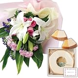 花とスイーツ ギフトセット 豪華 ユリ ピンクバラ 花束 と 坂井シェフ　美味スイーツ 写真入り・名入れメッセージカード