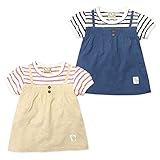 (ベージュ/95cm) ベビー服 女の子 Tシャツ 半袖 UZULAND 重ね着風 ボーダー ピコレース ワッペン スナップボタン付 女児 ベビー