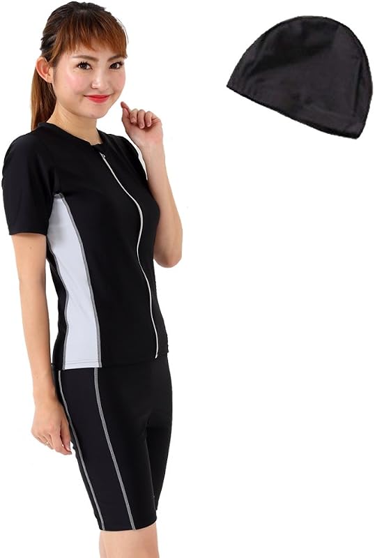 [ル モード デ トア] フィットネス水着 レディース セパレート 半袖 スイムキャップセット 大きいサイズ 女性 上下セット めくれ防止 体型カバー F135