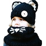 【Ani Mam Kids】キッズ 子供用 ニット 帽子 赤ちゃん ベビー アニマル 耳付き 防寒 マフラー アウター スヌード ネックウォーマー (くろたぬき（ブラック）)
