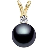 14kイエローゴールドAAAA品質の濃い黒あこや養殖真珠ダイヤモンドペンダント（7.5-8mm）-PremiumPearl