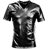 BLACK VARIA Tシャツ クロコダイル メンズ Vネック 光沢 メタリック 日本製 半袖Tシャツ ブラック黒 173308 M