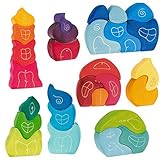 Grimm's DWARF VILLAGE 28-Piece Wooden Fantasy Blocks Set with 8 Different Waldorf Buildings includin