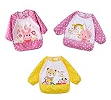 COTARON　ベビーエプロン 長袖 ポケットつき 防水 動物柄 １歳〜3歳　３色セット (3枚セット女の子（ヒモ）)