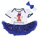 [キッズコーナー] アメリカの独立記念日 7月4日 My 1st Birthday USA Hat ベビー服 ヘアバンド付き ワンピースドレス チュチュ (White/Blue Sequins, 0-