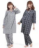 クロスプラス　春夏 マタニティ チェック　ロールアップ　長袖パジャマ（授乳口付）産前・産後 (M, 紺×グリーン / タータンチェック)