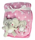 Tag Along Friends - Pink with White Dots 30 x 40 Baby Blanket and a Plush Gray Elephant by Tag Along