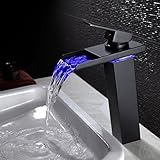 Wovier LED Water Flow Oil Rubbed Bronze Waterfall Bathroom Sink Faucet,Color Changing,Single Handle 