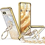Rockaway 互換性 Pixel 7A 5G 用ケース ダブルリング付き リストバンド ブレスレット付き ストラップ 耐衝撃 薄型 軽量 紐付き キラキラ ラブハート かわいい 女の子 おしゃれ 豪華 スマホケース ピクセル7A 用カバー - ゴールド