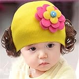 帽子 ベビー　キャップ キッズ　子供ハット かつら ウィッグ 付き 新生児 女の子 ヘアバンド ヘアアクセサリー 美しい花 イエロー