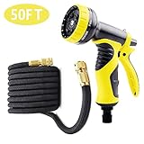 伸びるホース 伸縮ホース マジックホース 3倍に伸びる 超強化素材 銅製コネクタ 9パターン散水ノズル ガーデニング 花園 洗車 掃除用 黒 (5ｍ→15m(50FT))