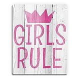 Girls Rule :インドアSign inピンクMotivational Positive SayingのガールズキッズChilds部屋on Wood plank-pattern壁アートプリント 