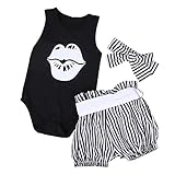 3PCS新生児少年少女の唇プリント袖なしのロンパース ストライプのショーツ ヘッドバンド服セット (0-3ヶ月, 黒)