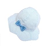 LeafIn ベビー 帽子 キッズ ハット 日よけ 紫外線対策 ベビーUVcut帽子 クロッシェ ストライプ リボン付き ブルトン チューリップハット ひも付き (L, ブルー)